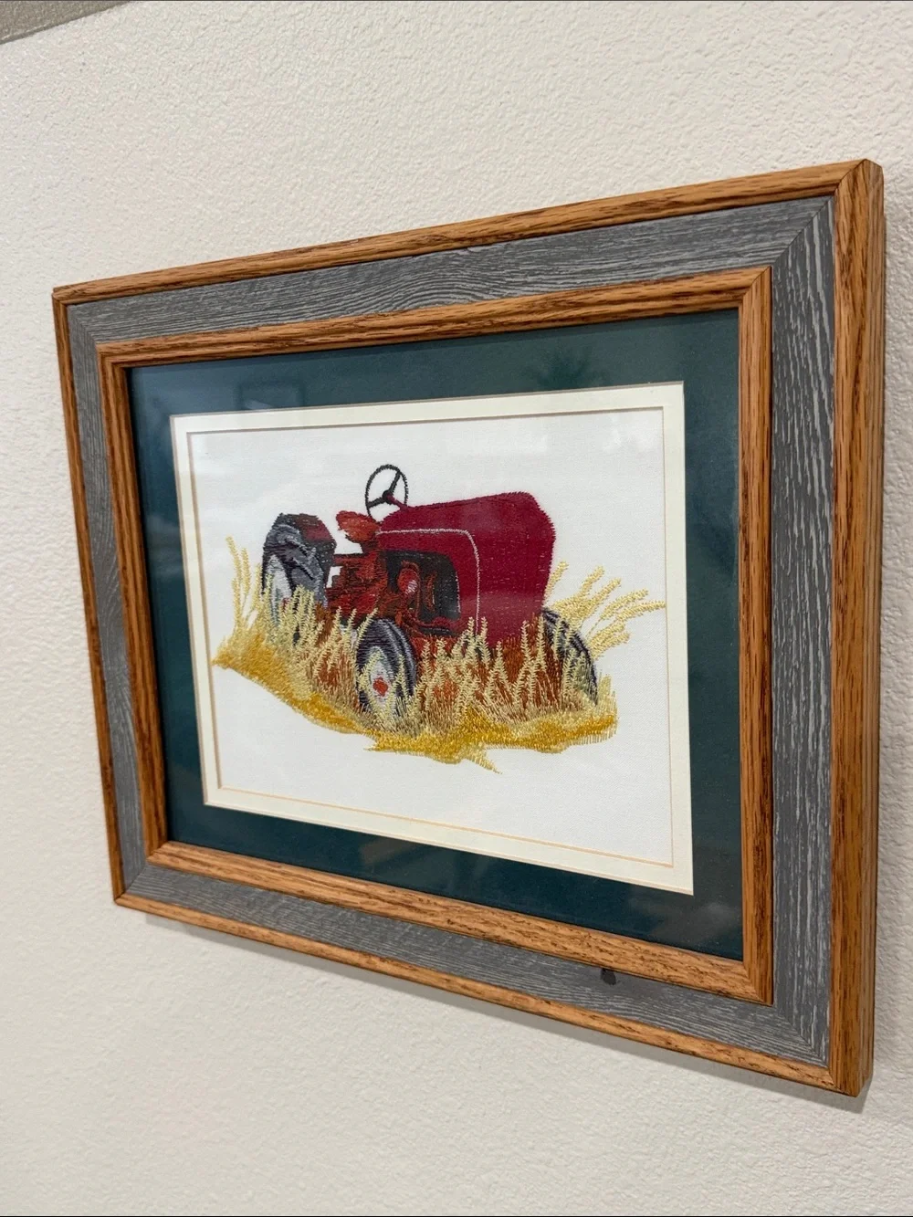 Vtg Needlepoint Embroidered Red Tractor Crewel Barn wood Frame Wall Hanging